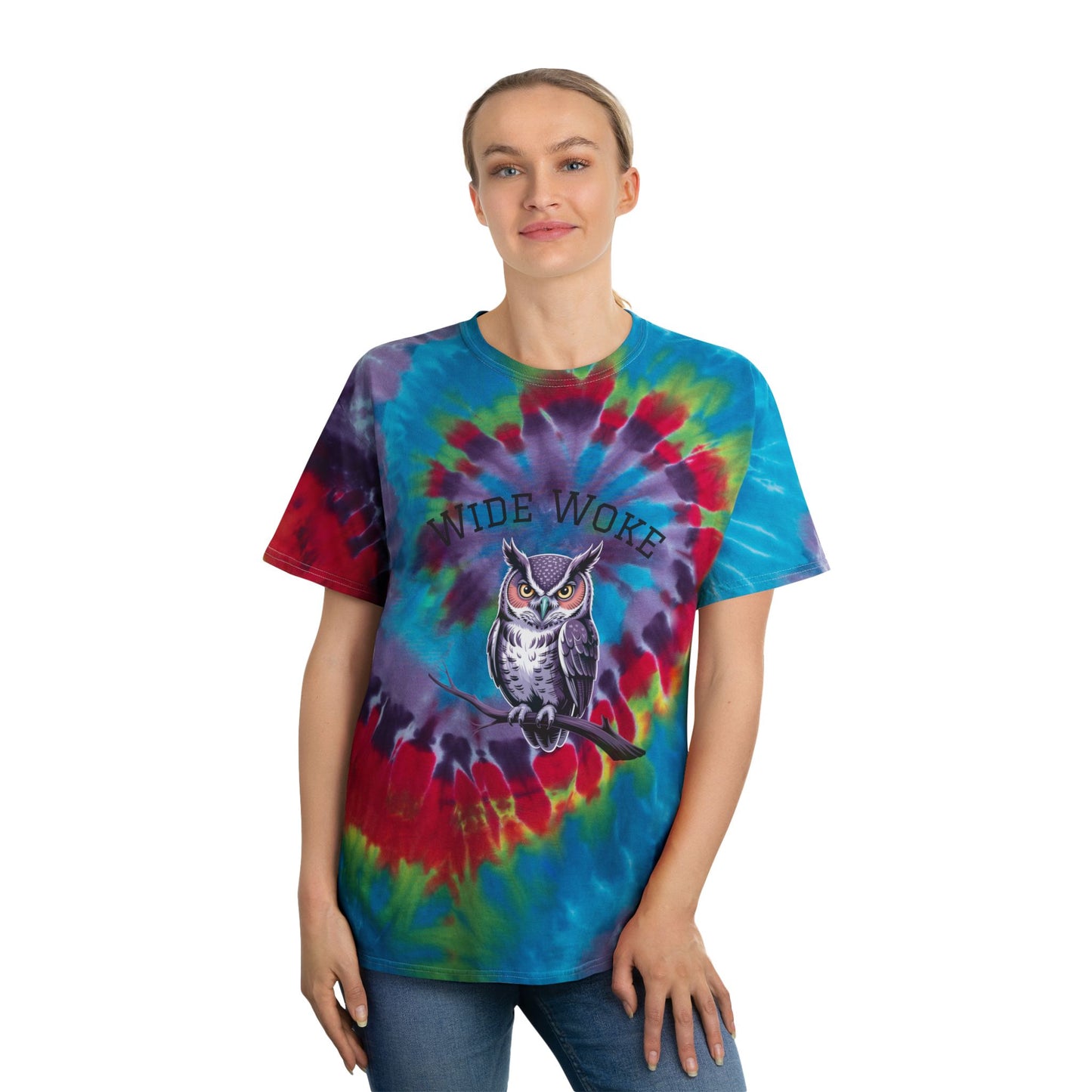 Spiral Tie-Dye Tee with 'Wide Woke' Design | Boho Vibe T-Shirt for Everyday Wear, Summer, Festivals, Gifts, Casual Style