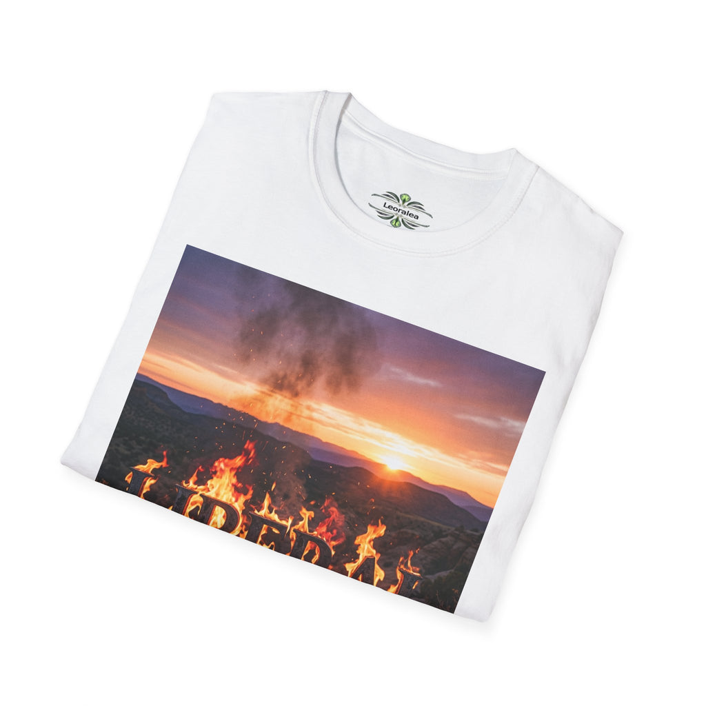 T-Shirt — 'LIBERAL' Burning Sign Graphic with Isaiah 3:28 Quote