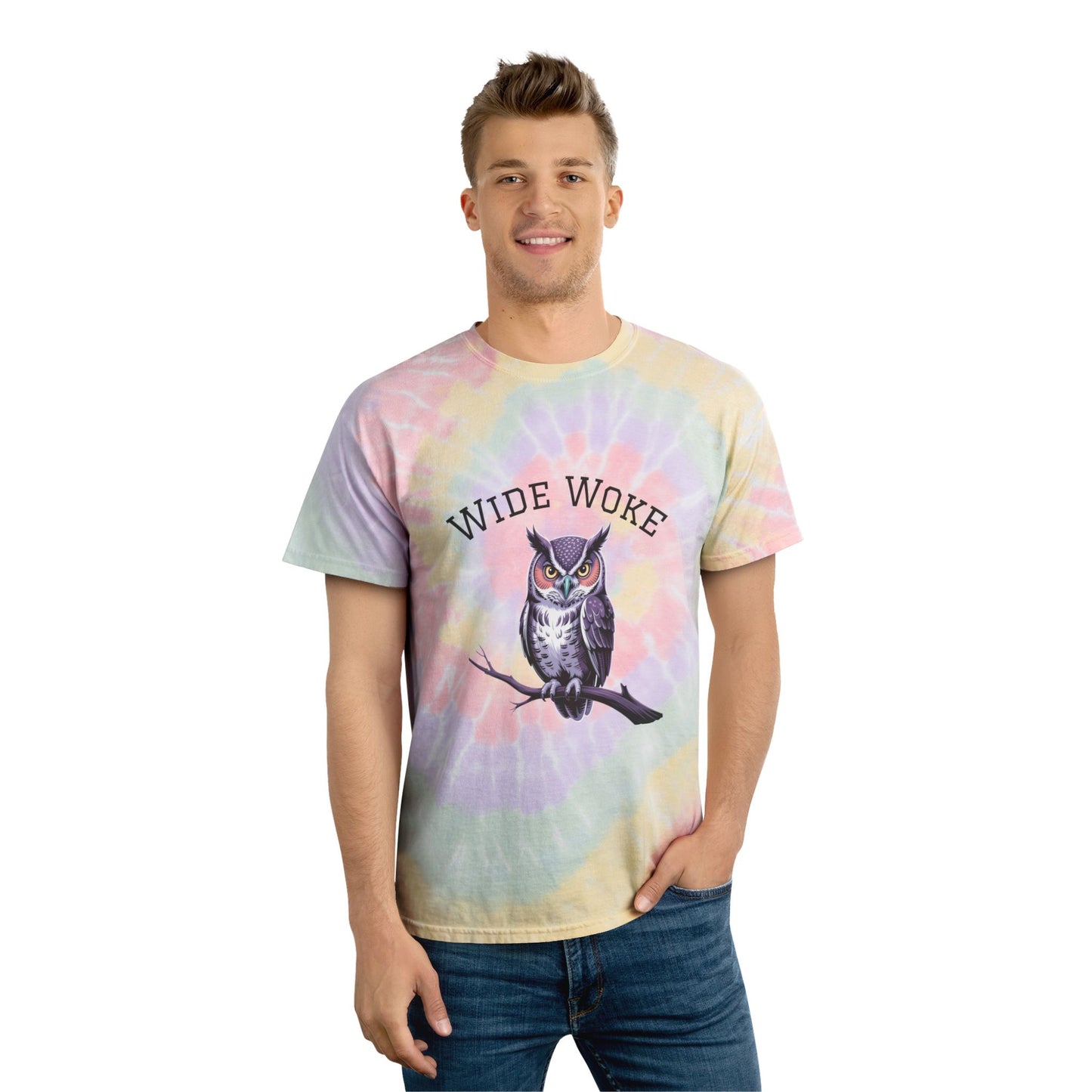 Spiral Tie-Dye Tee with 'Wide Woke' Design | Boho Vibe T-Shirt for Everyday Wear, Summer, Festivals, Gifts, Casual Style