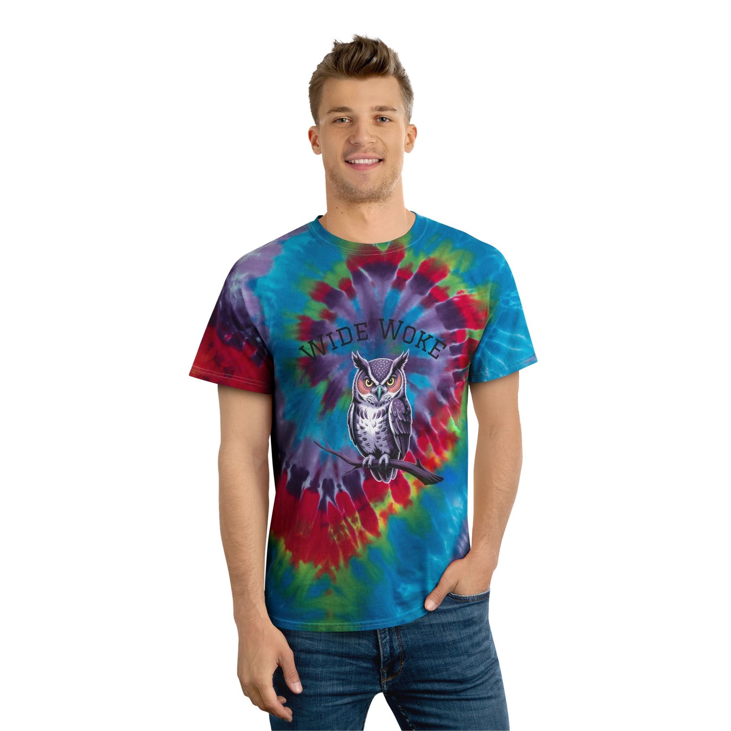Spiral Tie-Dye Tee with 'Wide Woke' Design | Boho Vibe T-Shirt for Everyday Wear, Summer, Festivals, Gifts, Casual Style